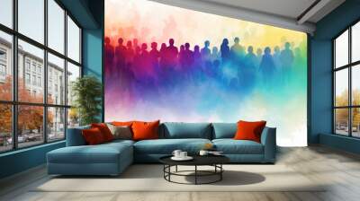 Illustration of crowd of a group of diverse people as silhouettes in rainbow colors, isolated on white background, watercolor ink splash. Wall mural