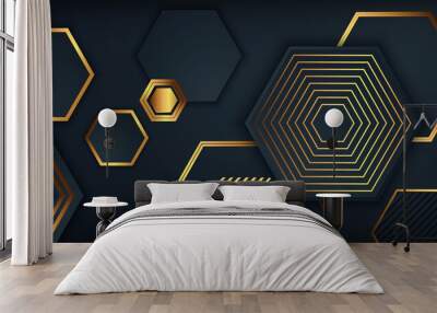 Luxury hexagonal abstract black metal background with golden light lines. Dark 3d geometric texture illustration. Bright grid pattern. Pure black horizontal banner wallpaper. Carbon elegant wedding BG Wall mural