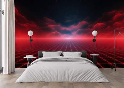 Red grid floor on a glow neon night red grid background, in the style of atmospheric clouds, concert poster, rollerwave, technological design, shaped canvas, smokey vaporwave background. Wall mural