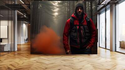 tourist in a red jacket stands in a dark and foggy rainforest Wall mural