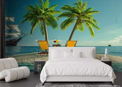 Wooden lounge under thatched umbrella on the beach in tropical sea at Lipe island. Summer and vacation concept Wall mural