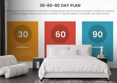 30-60-90 day plan management infographic 3 point stage template with vertical rectangle box concept for slide presentation vector Wall mural