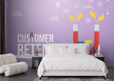 customer retention concept with big words and team people and big magnet with modern flat style - vector Wall mural