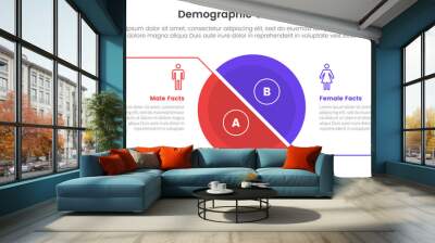 demographic man vs woman comparison concept for infographic template banner with big slice half circle with line separation with two point list information Wall mural