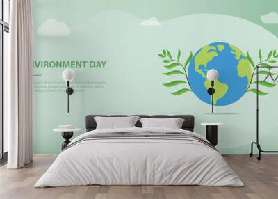 environment day concept with big earth and green plant with team people and words for website template or landing homepage banner - vector Wall mural