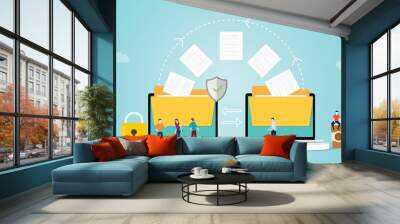 file transfer concept with folder and files transfering move with security and padlock and team people with modern flat style - vector Wall mural