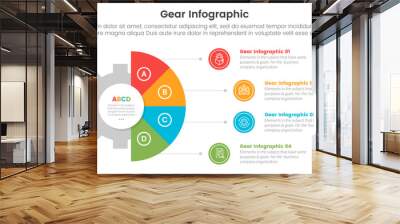 gear cogwheel infographic template banner with half circle piechart with line on circle stack with 4 point list information for slide presentation Wall mural