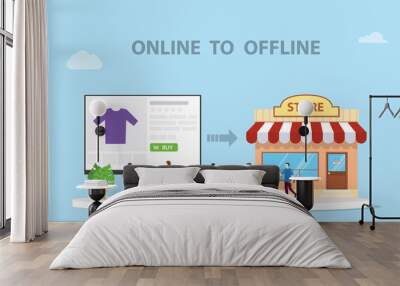 o2o online to offline e-commerce new concept technology with store and website online modern style illustration - vector Wall mural