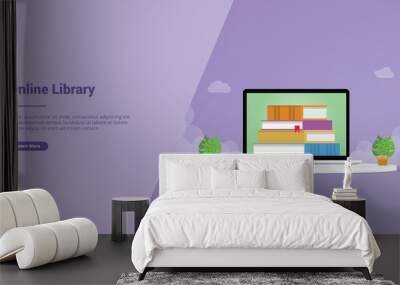 online library technology with laptop and books stack for website template or landing homepage - vector Wall mural