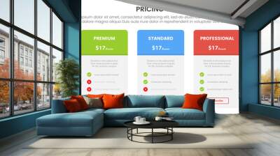 pricing table or price comparison infographic 3 point stage template with round box and outline subscribe button for slide presentation Wall mural