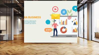 social media business icon website template banner with graph and chart analytical growth Wall mural