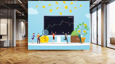 stock market concept with people man and woman happy on candlestick monitor screen for investment with modern flat style Wall mural