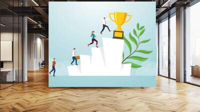 success race business competition with big gold trophy on hill stairs with modern flat style - vector Wall mural