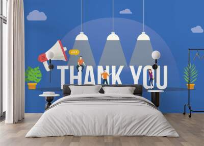 thank you big word with megaphone and team people around the text with lamp shine on top Wall mural