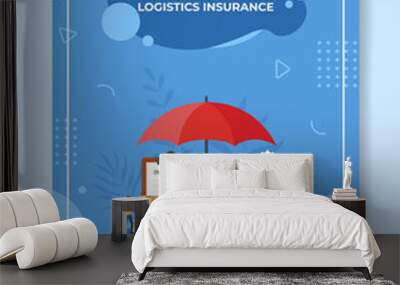 transportation logistics insurance people around truck delivery box package contract policy insurance clipboard umbrella for template of banners, flyer, books cover, magazines with liquid shape style Wall mural