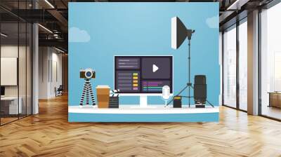 video production concept with camera and tools product with modern flat style Wall mural