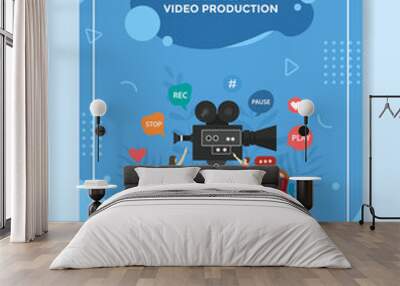 video production people working together editing video front camera for template of banners, flyer, books cover, magazines with liquid shape style Wall mural