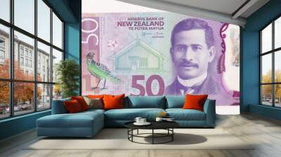 Close-up of New Zealand 50$ dollars banknotes, Macro shot of New Zealand currency. Wall mural