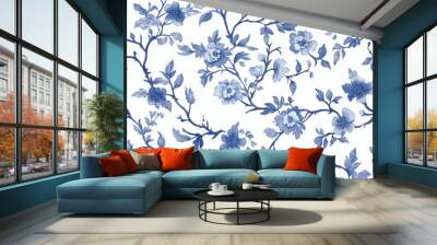 A pattern with a floral design in cobalt blue Wall mural