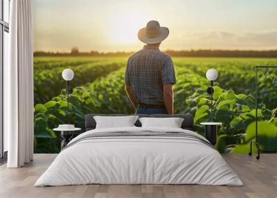 A proud male farmer stands in a vibrant green soybean Wall mural