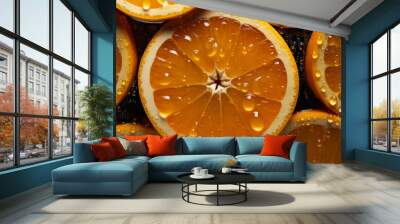 Fresh oranges seamless background, adorned with glistening droplets of water Wall mural