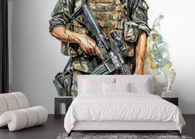 Watercolor of  American soldier in Vietnam wearing camouflage uniform Wall mural