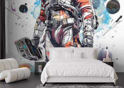 Watercolor of Space explorer wearing a futuristic space suit Wall mural