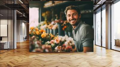 Young man working at a flower shop Wall mural