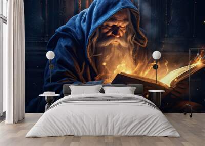 a wizard reading a book about spells. Wall mural