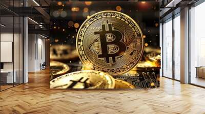 close-up of golden bitcoin coins with bokeh lights, symbolizing digital currency, investment, and fi Wall mural