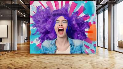 Creative composite artwork featuring an overjoyed woman with vibrant purple hair and colorful abstract background, expressing happiness and artistic energy. Wall mural