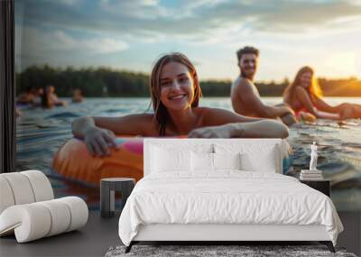 Friends Relaxing on Lake with Inflatable Tubes at Sunset Wall mural