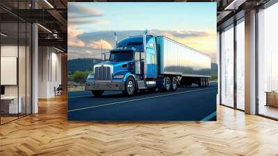 Large Blue Semi Truck Driving on Open Highway at Sunset Wall mural