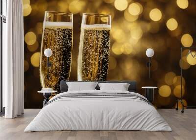 Two Champagne Glasses Against a Sparkling Golden Background Wall mural