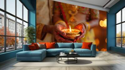 Young Indian Couple Holding Diwali Oil Lamp Together Wall mural