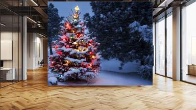 Brightly Lit Snow Covered Holiday Christmas Tree Winter Storm Wall mural