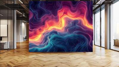 Energetic abstract background with swirling psychedelic patterns in fiery reds and cool blues, perfect for artistic projects and modern designs Wall mural