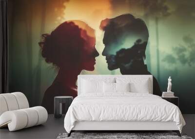 Intimate moment: silhouettes of a man and woman against a vibrant sunset, captured in a tender embrace Wall mural