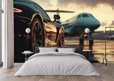 luxury supercar parket in front of a private jet at the airport Wall mural