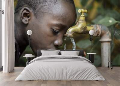 Little African Boy Drinking Healthy Clean Water from Tap Wall mural