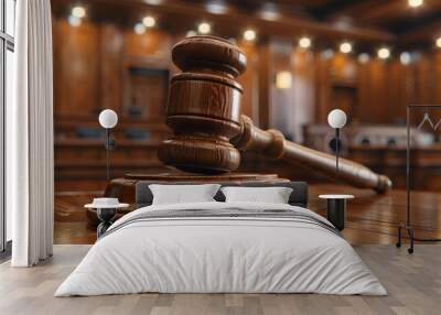 Wooden gavel is sitting on a sound block on a desk in a courtroom, symbolizing justice and legal proceedings Wall mural