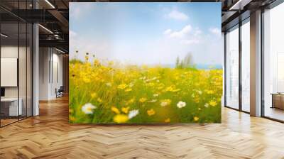 Beautiful spring landscape with meadow yellow flowers and daisies against the blue sky. Natural summer panorama, Generative AI Wall mural