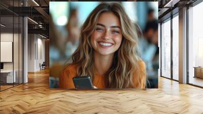 Cheerful young businesswoman holding a smartphone in a meeting room, Generative AI Wall mural