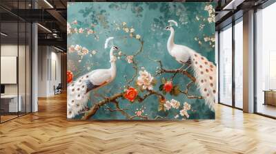 wallpaper with white peacock birds with trees plants and birds in a vintage style landscape blue background, Generative AI  Wall mural