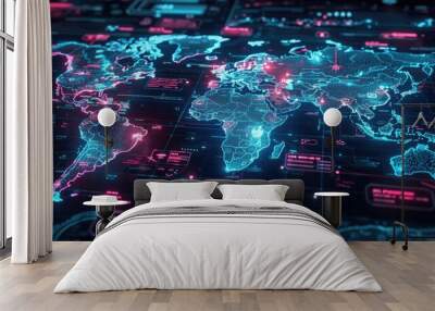 Digital Business World Neon Map Highlighting Technology Wall mural