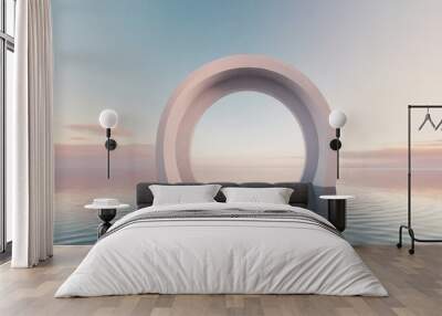 3d render abstract zen seascape background nordic surreal scenery with geometric mirror arches calm water and pastel gradient sky futuristic minimalist wallpaper Wall mural