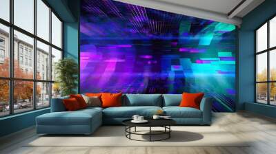 abstract blue green purple background with interlaced digital glitch and distortion effect futuristic cyberpunk design retro cyber aesthetic webpunk rave 80s 90s cyberpunk techno neon halftone Wall mural