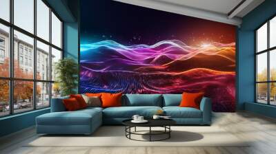 abstract digital landscape with colorful waves and glowing particles Wall mural