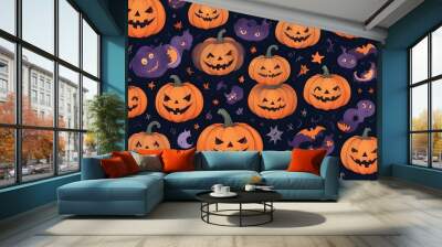 Abstract halloween texture with evil pumpkins Wall mural