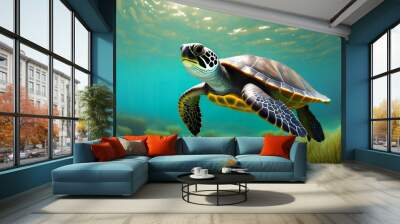 adorable turtle swims in the deep ocean a full body kid s illustration in natural aqua environment Wall mural